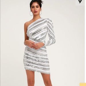 Morgan silver striped sequin 1 shouldered dress